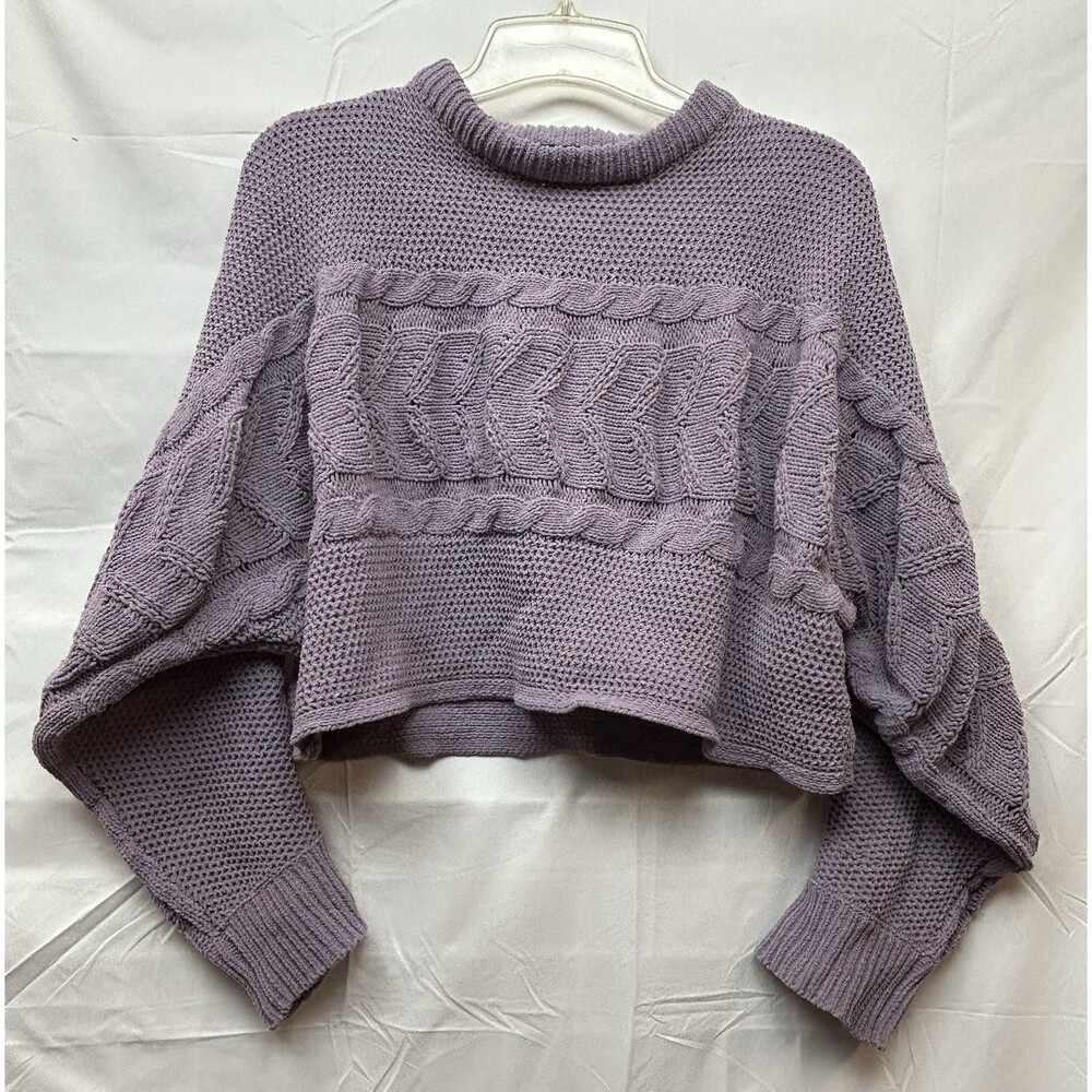 Women’s Large Purple Cable Knit Cropped Sweater Oversized Long Sleeve Crew Neck